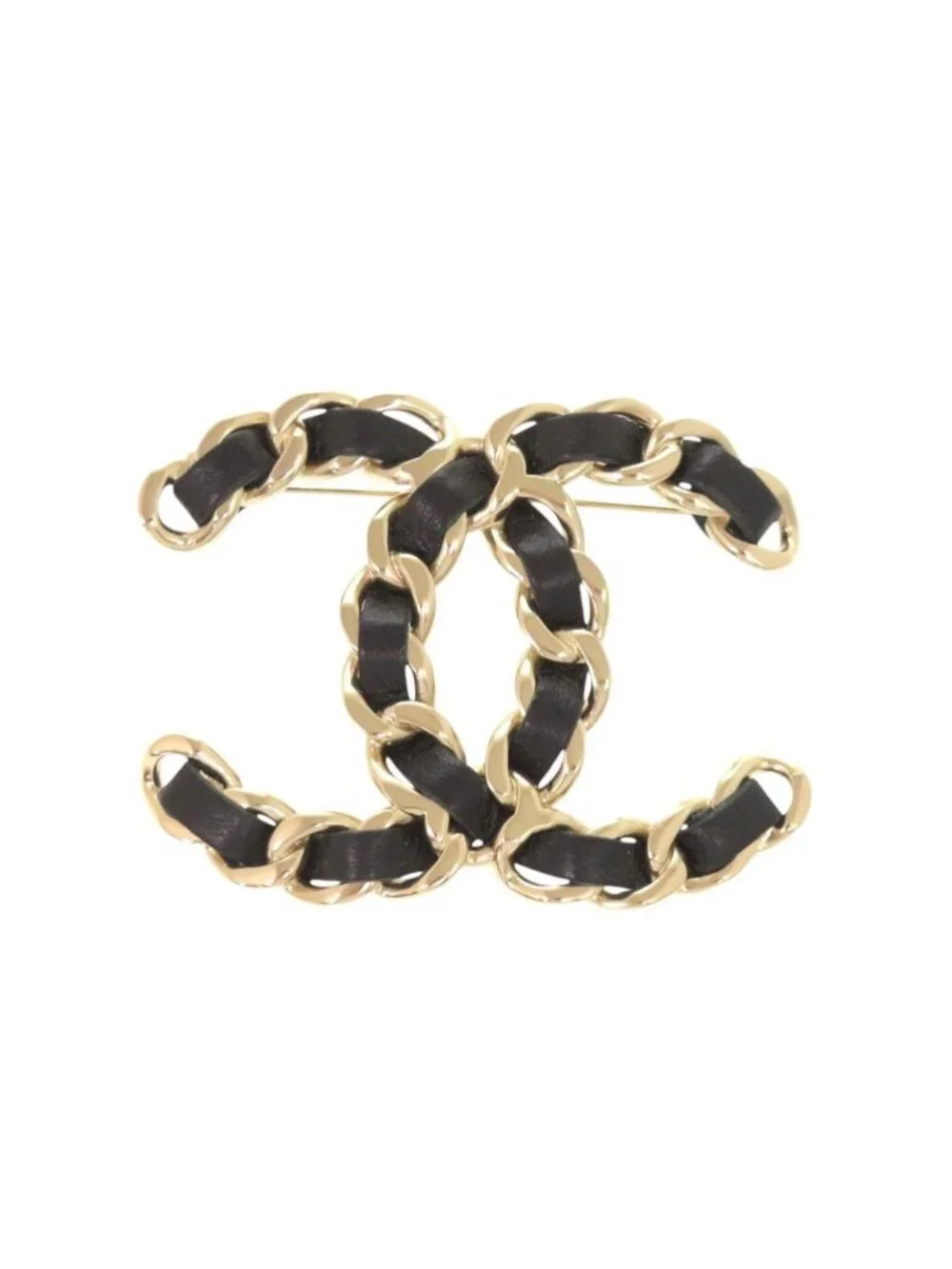 Chanel CC Logo Chain Motif Brooch Leather Black
